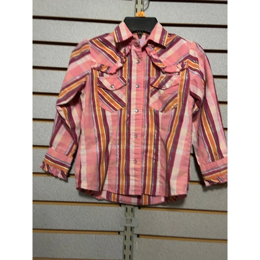 Wired Heart Girls Pink Plaid Western Snap‎ Shirt Ruffle Yoke Metallic Small